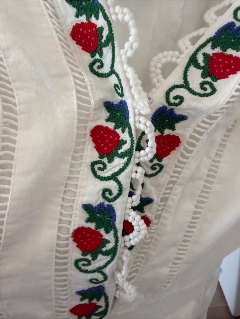FARM Rio Cream Embroidered Strawberry Romper with Green & Red Accents - Picture 5 of 10